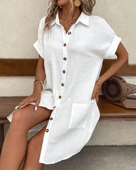 White Textured Shirt Collar Single Breasted Rolled Short Sleeve Pocket Loose Mini Shirt Dress For Women