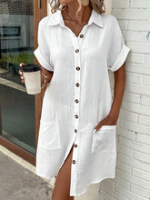 White Textured Shirt Collar Single Breasted Rolled Short Sleeve Pocket Loose Mini Shirt Dress For Women