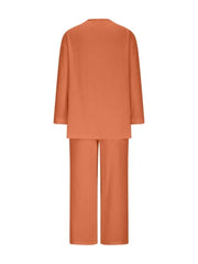 Orange Textured V-Neck Long Sleeve Top & Wide Leg Cropped Pants Two Piece Matching Linen Set For Women