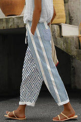 Blue Geometric Stripe Patchwork Drawstring Waist Loose Cropped Linen Pants For Women