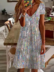 Holographic Sequin Print V-Neck Short Sleeve Loose Casual Mini Tank Dress For Women