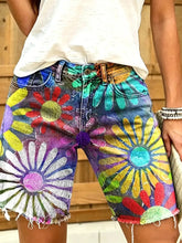 Retro Doodle Colorful Flowers Women's Art Print Casual Denim Shorts