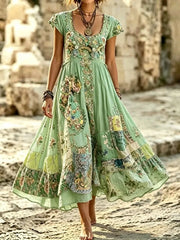 Women's Boho Floral Patchwork Print Cotton Maxi Dress
