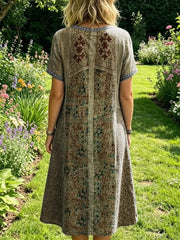 Women's Bohemian Multicolor Patchwork Sun Pattern Art Print Pocket Cotton Dress