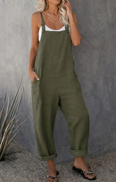 Women's Solid Linen Look Comfort Cargo Jumpsuit Pants