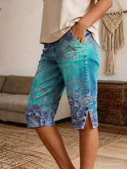 Women's Vintage Ethnic Blue Floral Art Print Casual Denim Shorts