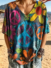 Women's Peace Sign & Floral Graffiti Print Cotton V-Neck Loose Top