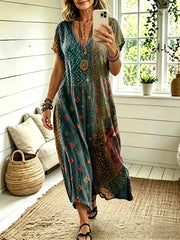 Women's Bohemian Colorful Textured Patchwork Art Print Cotton Dress with Pockets