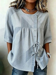 Blue Geometric Chevron Striped Crew Neck Half Sleeve Tie Waist Micro-Stretch Regular Fit Women Shirt