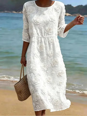 White 3D Rose Floral Lace Crew Neck Half Sleeve Elastic Waist H-Line Midi T-Shirt Summer Dress For Women