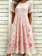 Pink Rose Floral Embroidery Crew Neck Half Sleeve Empire Waist A-Line Midi Summer T-Shirt Dress With Pockets
