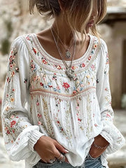 White Boho Floral Embroidered Wide Crew Neck Long Sleeve Micro-Elastic Regular Fit Women Blouse