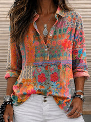 Pink Boho Floral Shawl Collar Long Sleeve Shirt