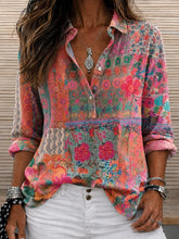 Pink Boho Floral Shawl Collar Long Sleeve Shirt