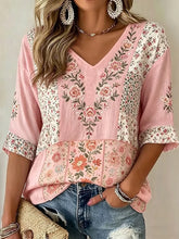 Pink Patchwork Floral V-Neck Half Sleeve Blouse
