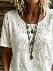 White Floral Embroidered Crew Neck Short Sleeve T-Shirt