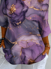 Purple Marble Floral V-Neck 3/4 Sleeve Tee