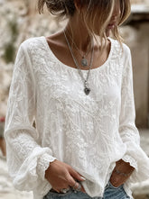 White Floral Embroidered Crew Neck Loose Blouse