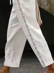 White Lace Trim Drawstring Casual Long Pants