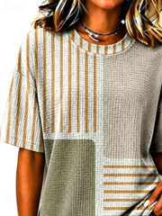 Khaki Patchwork Striped Crew Neck Tee