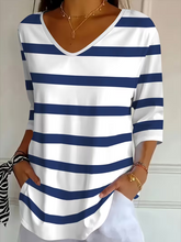 Blue White Striped V-Neck Three-Quarter Sleeve T-Shirt