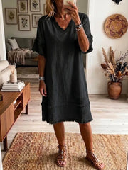 Vintage Frayed Hem Cotton Linen Dress