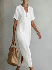 Retro Cozy Lace V-neck Loose Linen Cotton Dress