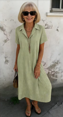 Loose Short-sleeved V-neck Solid Color Cotton and Linen Shirt Dress