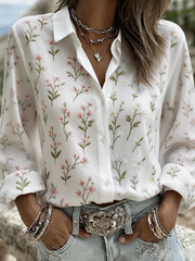 White Ditsy Long Sleeve Floral Lightweight Regular Fit Shirt For Women