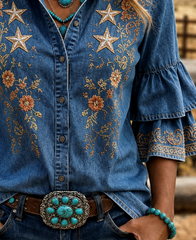 Denim Blue Western Star Floral Embroidery Lapel Double Layer Ruffle Half Sleeve Shirt