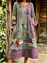 Vintage Patchwork Floral Embroidery Crew Neck Long Sleeve Linen H-Line Midi Dress
