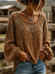 Brown Vintage Floral Scroll Embroidery Scoop Neck Puff Elastic Cuff Long Sleeve Loose Blouse