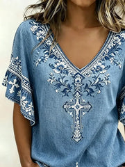 Blue Denim Cross Floral Print V-Neck Ruffle Short Sleeve Casual T-Shirt