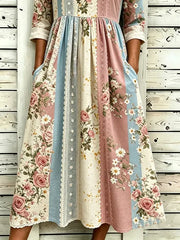 Color Block Lace Panel Rose Floral Print Crew Neck Three-Quarter Sleeve H-Line Midi Dress