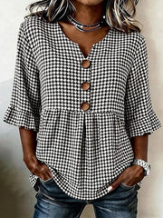 V Neck Half Sleeve Houndstooth Regular Fit Blouse For Women