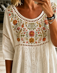 Vintage Crew Neck Half Sleeve Floral Printing Regular Micro-Elasticity Loose Blouse For Women