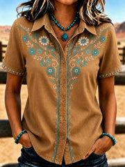 Shawl Collar Short Sleeve Floral Micro-Elasticity Regular Fit Shirt For Women