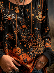 Halloween Spider Web Pumpkin Print Crew Neck Long Sleeve Blouse