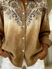 Vintage Floral Gradient Button Down Collared Long Sleeve Shirt
