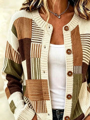 Color Block Patchwork Striped Button Front Knit Cardigan