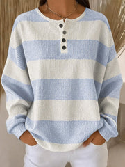 Henley Button Neck Wide Stripe Ribbed Knit Long Sleeve Sweatshirt