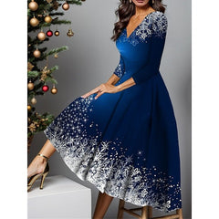 Christmas Party Deep V Neck Long Sleeve Printed Dresses