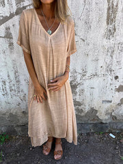 Women's Casual Cotton Linen wi Button Down 1/2 Long Sleeve Lapel V Neck Summer Midi Dresses