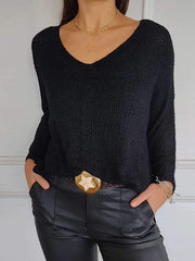 Casual Plain V-neck Knitted Long Sleeve Sweater