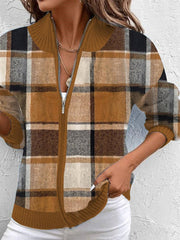 Brown V-Neck Long Sleeve Plaid Cardigan