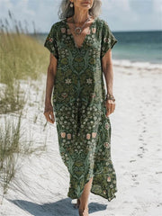 Vintage Floral Print Lovely V-neck Short Sleeve Maxi Dress