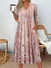 Long Sleeve Scoop Neck Graphic Floral Midi Dress