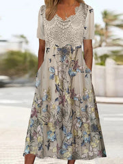 Short Sleeve V-Neck Graphic Lace Stitching Midi Dress