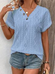 V Neck Loose Short Sleeved Button Solid Color T Shirt
