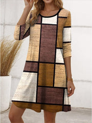 Geometric Crew Neck Long Sleeve Comfy Casual Buckle Midi Dress